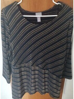 Chico's Travelers Navy Gold Metallic Striped Stretchy Tunic Size 2 (L)